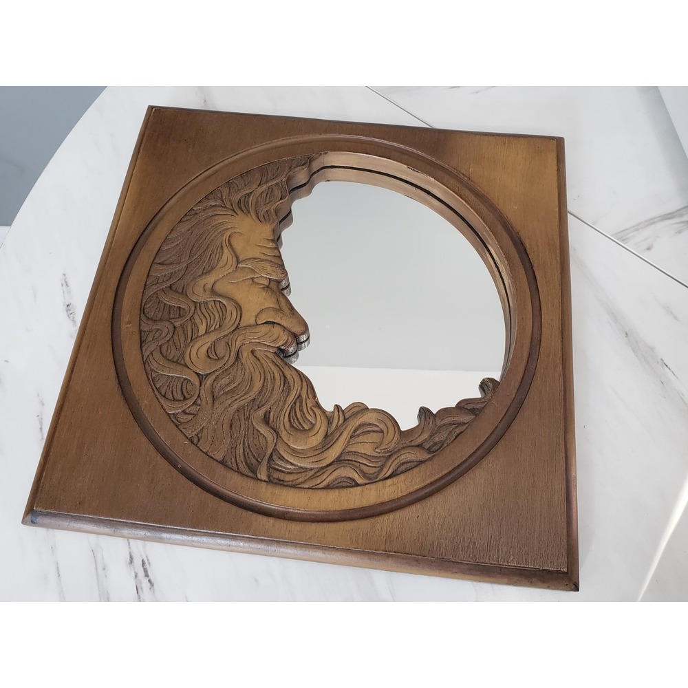 Vintage 1977 Hardin Carved Wooden Crescent Moon Celestial Face Man Wall Mirror